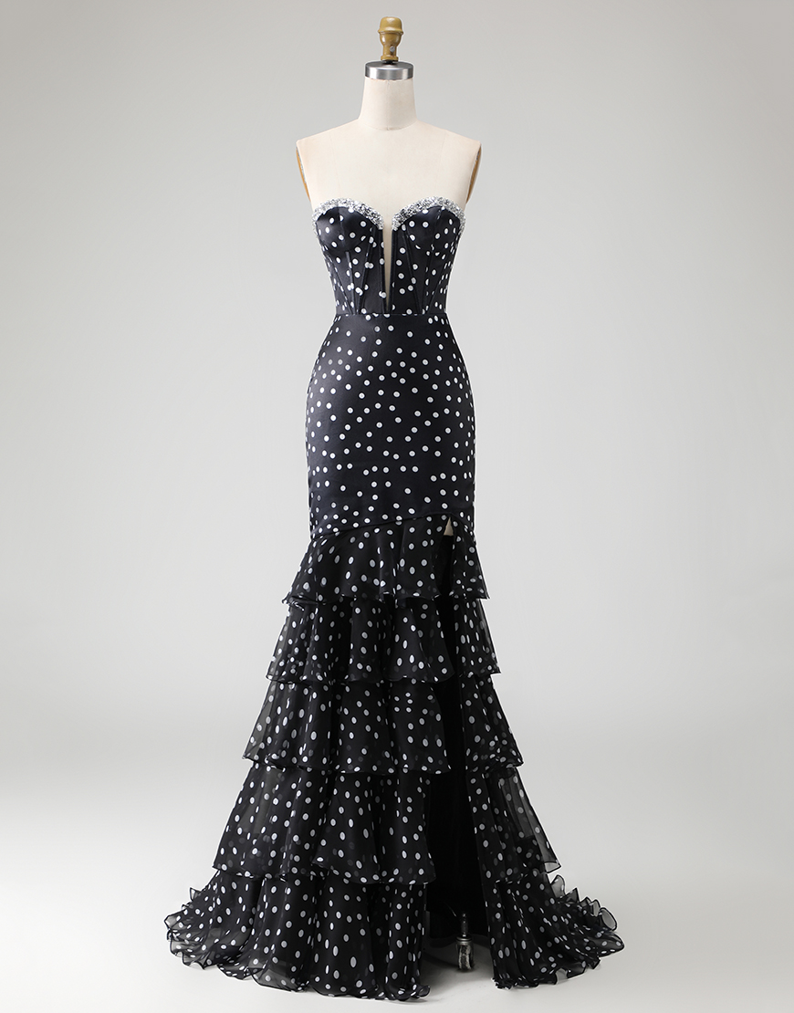 Black and White Ploka Dots Corset Long Mermaid Prom Dress with Ruffles