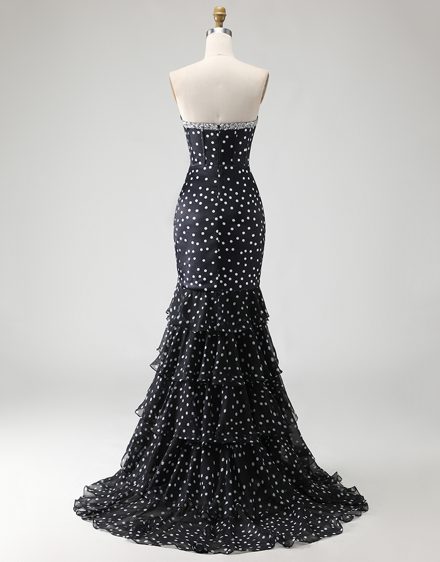 Black and White Ploka Dots Corset Long Mermaid Prom Dress with Ruffles