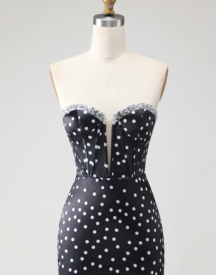 Black and White Ploka Dots Corset Long Mermaid Prom Dress with Ruffles