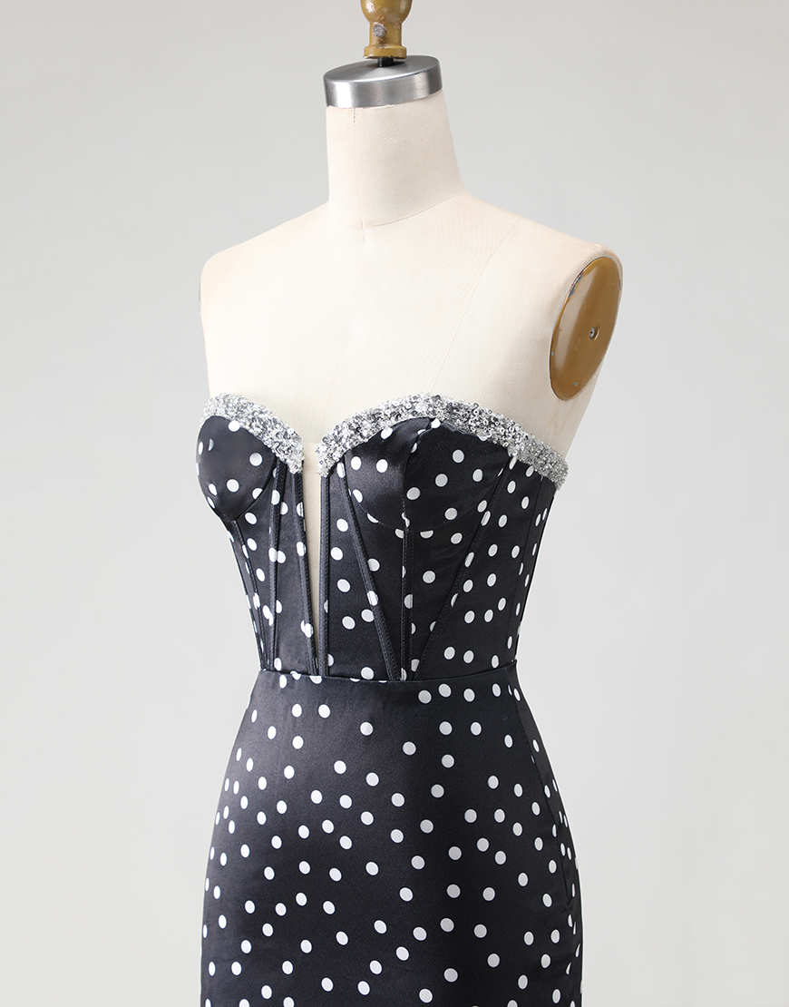 Black and White Ploka Dots Corset Long Mermaid Prom Dress with Ruffles