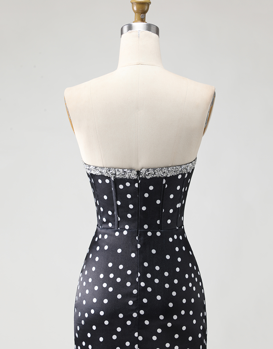 Black and White Ploka Dots Corset Long Mermaid Prom Dress with Ruffles