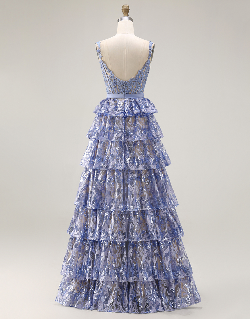 Sparkly Grey Blue Ruffled A Line Lace Long Corset Prom Dress with Slit