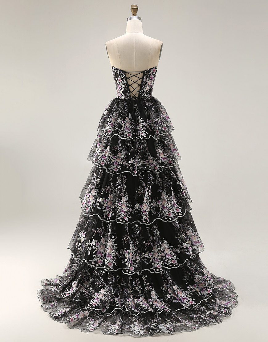 Sparkly Black Pink Floral Lace A Line Tiered Strapless Long Prom Dress with Ruffles