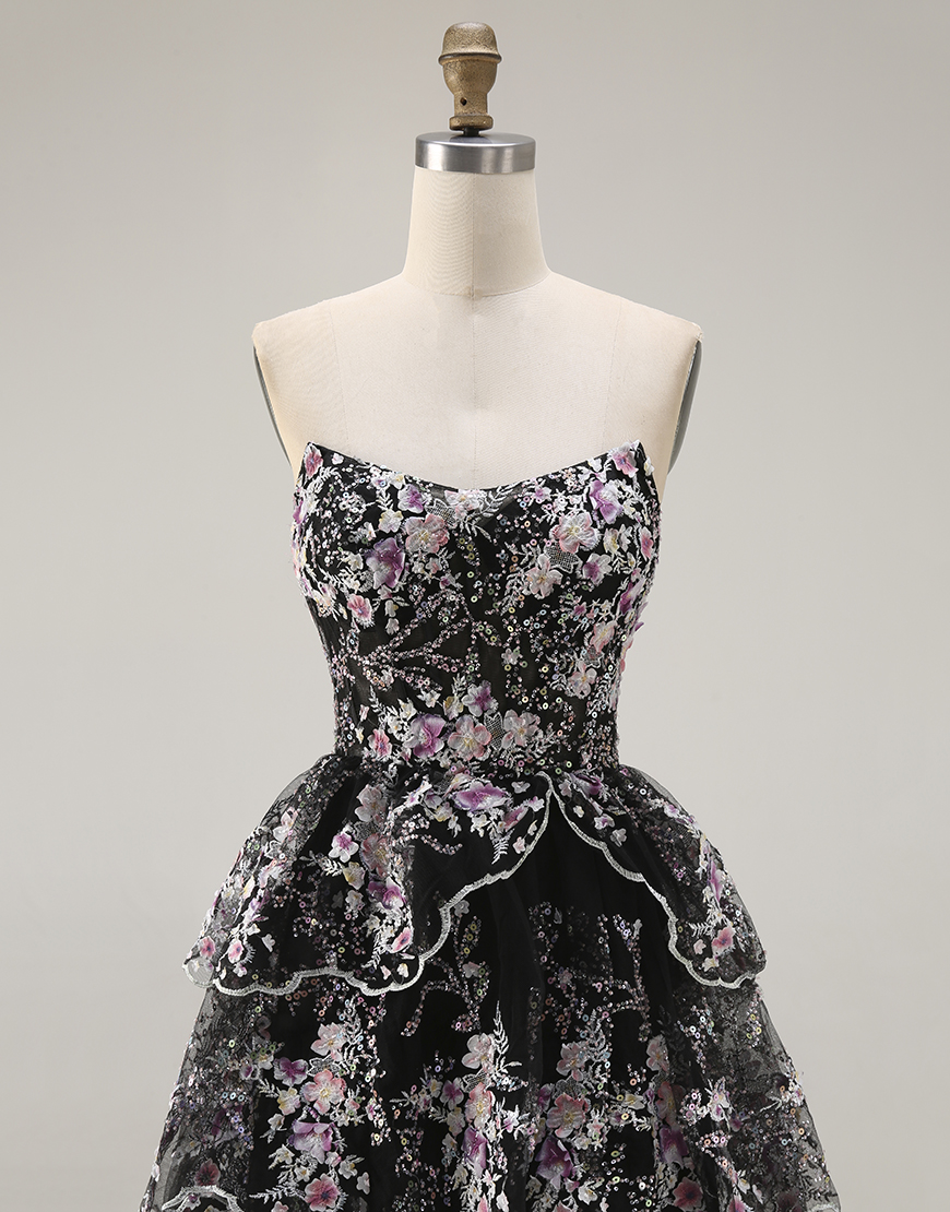 Sparkly Black Pink Floral Lace A Line Tiered Strapless Long Prom Dress with Ruffles