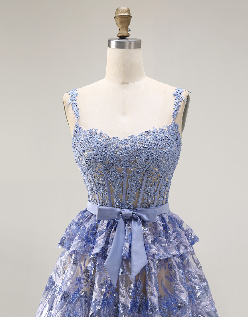 Sparkly Grey Blue Ruffled A Line Lace Long Corset Prom Dress with Slit