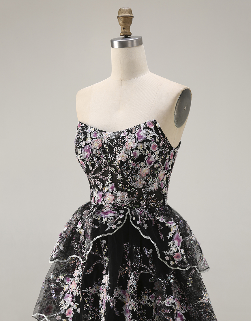 Sparkly Black Pink Floral Lace A Line Tiered Strapless Long Prom Dress with Ruffles
