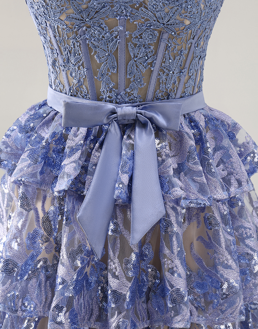 Sparkly Grey Blue Ruffled A Line Lace Long Corset Prom Dress with Slit