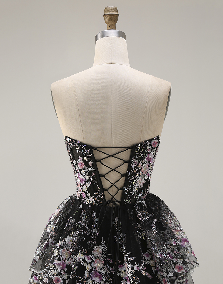 Sparkly Black Pink Floral Lace A Line Tiered Strapless Long Prom Dress with Ruffles