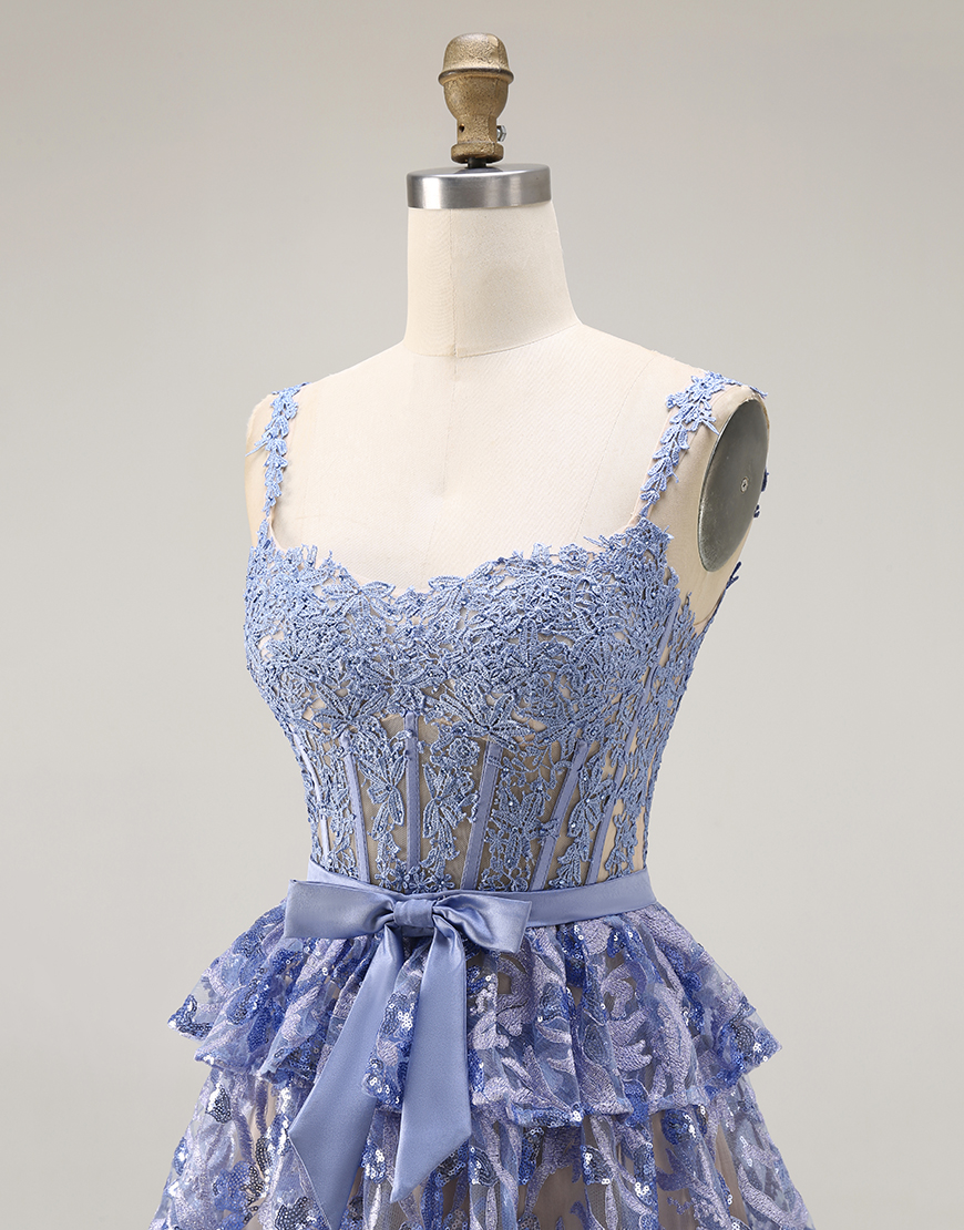 Sparkly Grey Blue Ruffled A Line Lace Long Corset Prom Dress with Slit