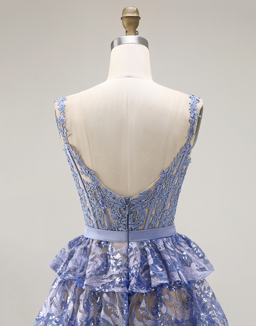 Sparkly Grey Blue Ruffled A Line Lace Long Corset Prom Dress with Slit