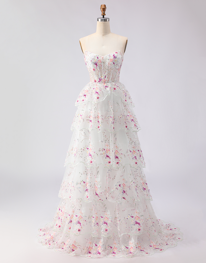 Sparkly White and Pink Floral A Line Tiered Strapless Lace Long Prom Dress with Sequins