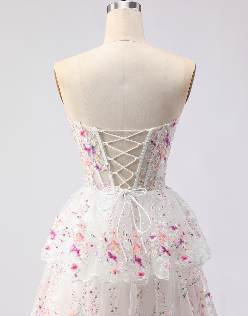 Sparkly White and Pink Floral A Line Tiered Strapless Lace Long Prom Dress with Sequins