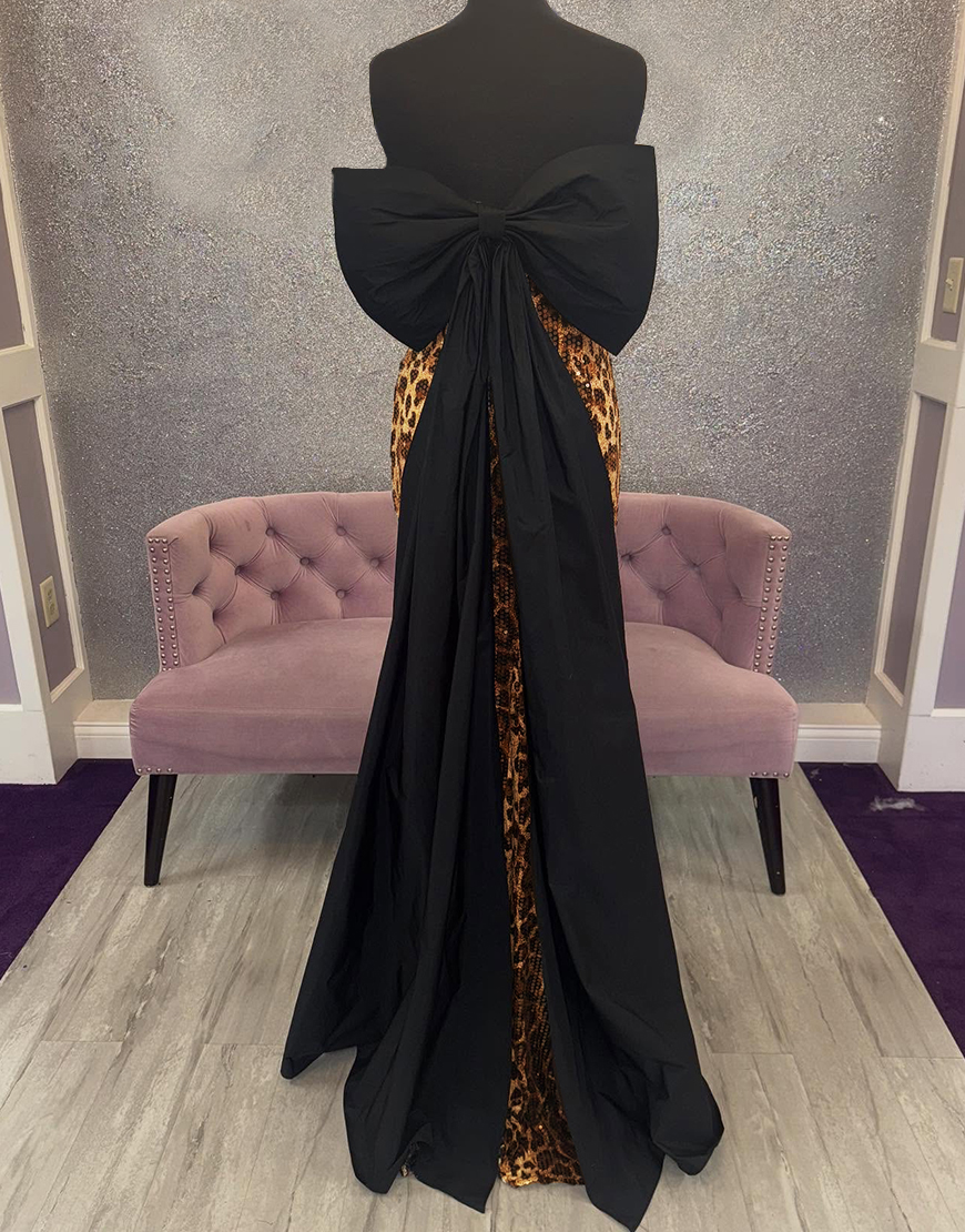 Sparkly Brown Leopard Mermaid Sweetheart Long Prom Dress with Bow