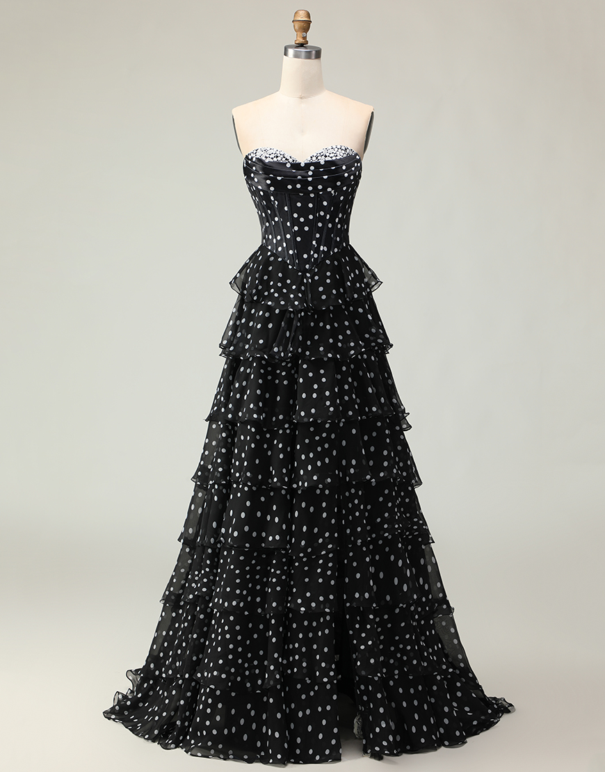 Sparkly Black and White Polka Dots Corset Ruffled Long Prom Dress