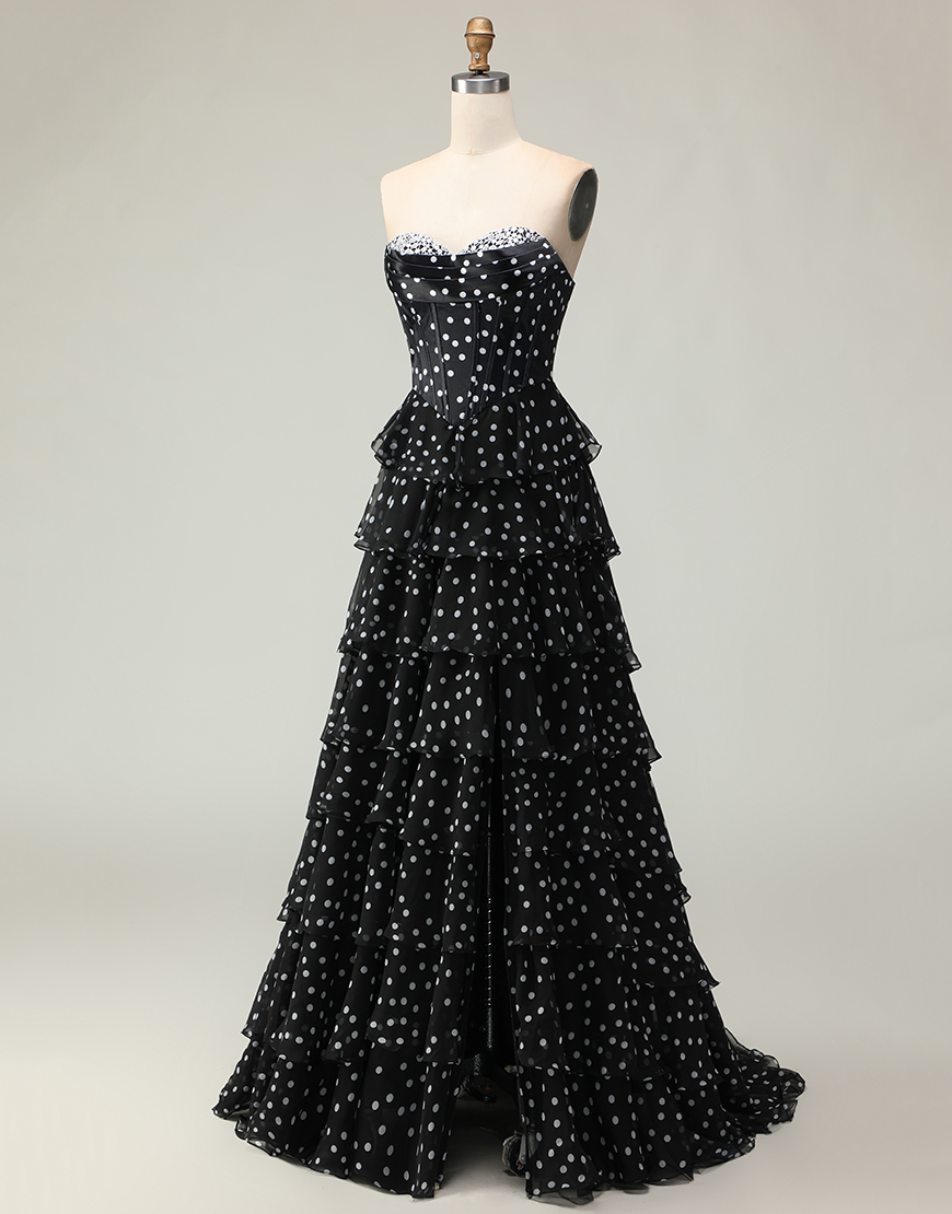 Sparkly Black and White Polka Dots Corset Ruffled Long Prom Dress