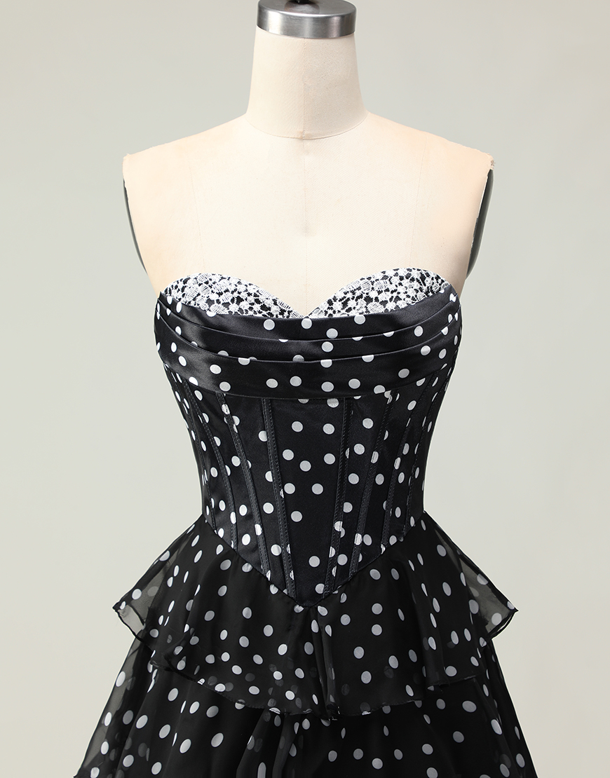 Sparkly Black and White Polka Dots Corset Ruffled Long Prom Dress