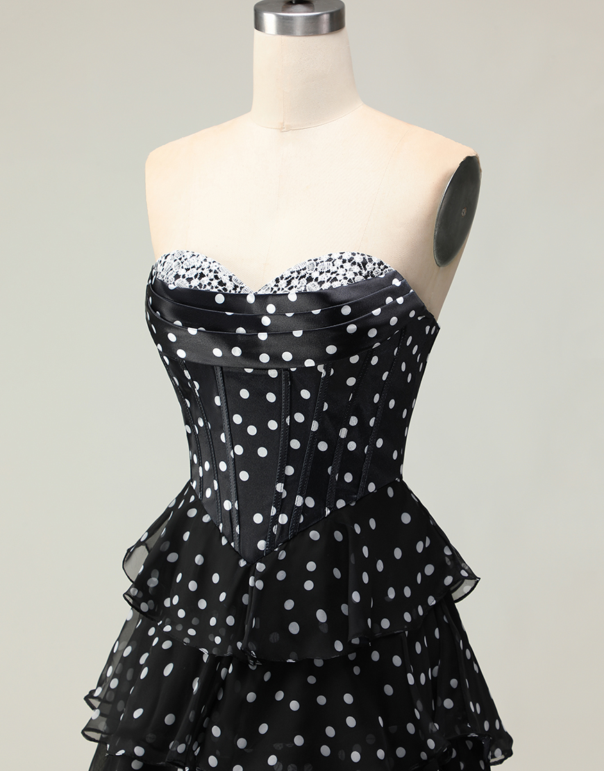 Sparkly Black and White Polka Dots Corset Ruffled Long Prom Dress