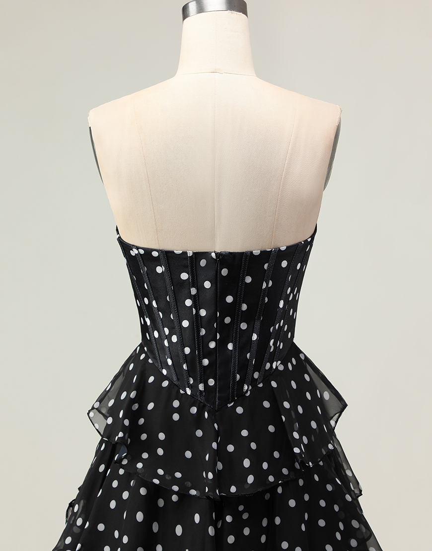 Sparkly Black and White Polka Dots Corset Ruffled Long Prom Dress
