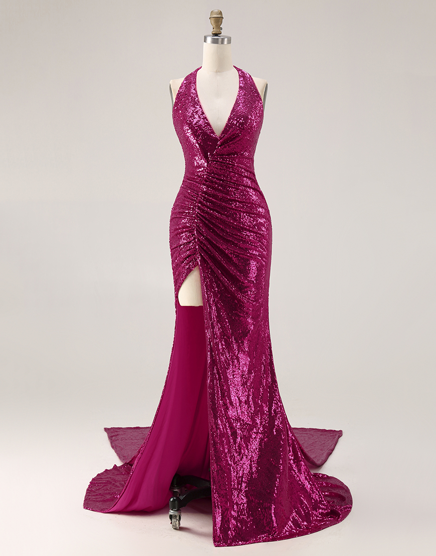 Sparkly Fuchsia Sequins Mermaid Halter Long Prom Dress with Cape