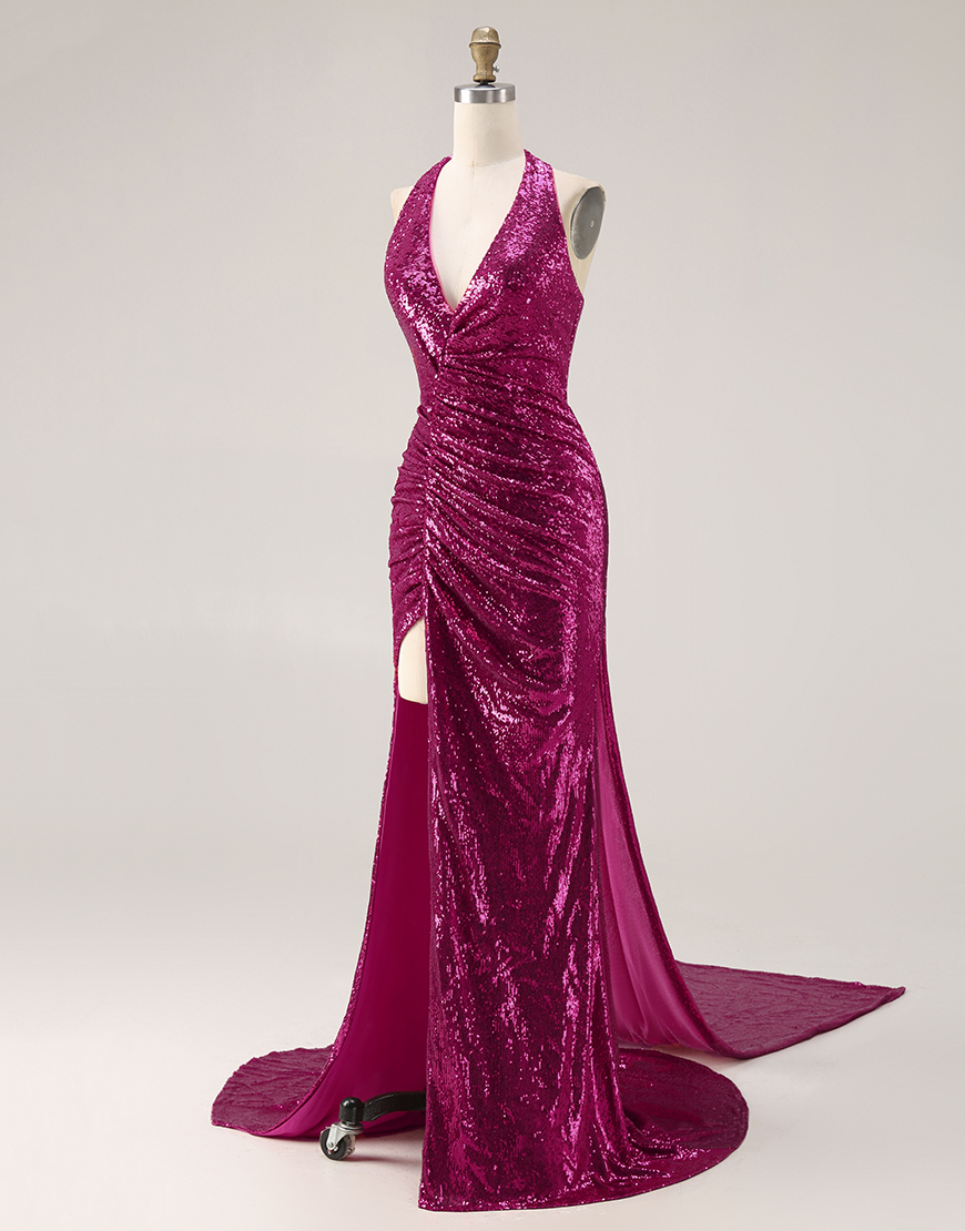 Sparkly Fuchsia Sequins Mermaid Halter Long Prom Dress with Cape