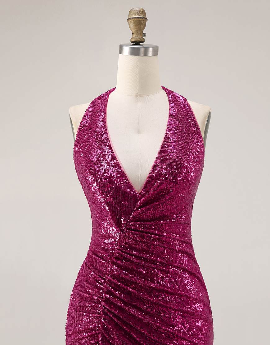 Sparkly Fuchsia Sequins Mermaid Halter Long Prom Dress with Cape