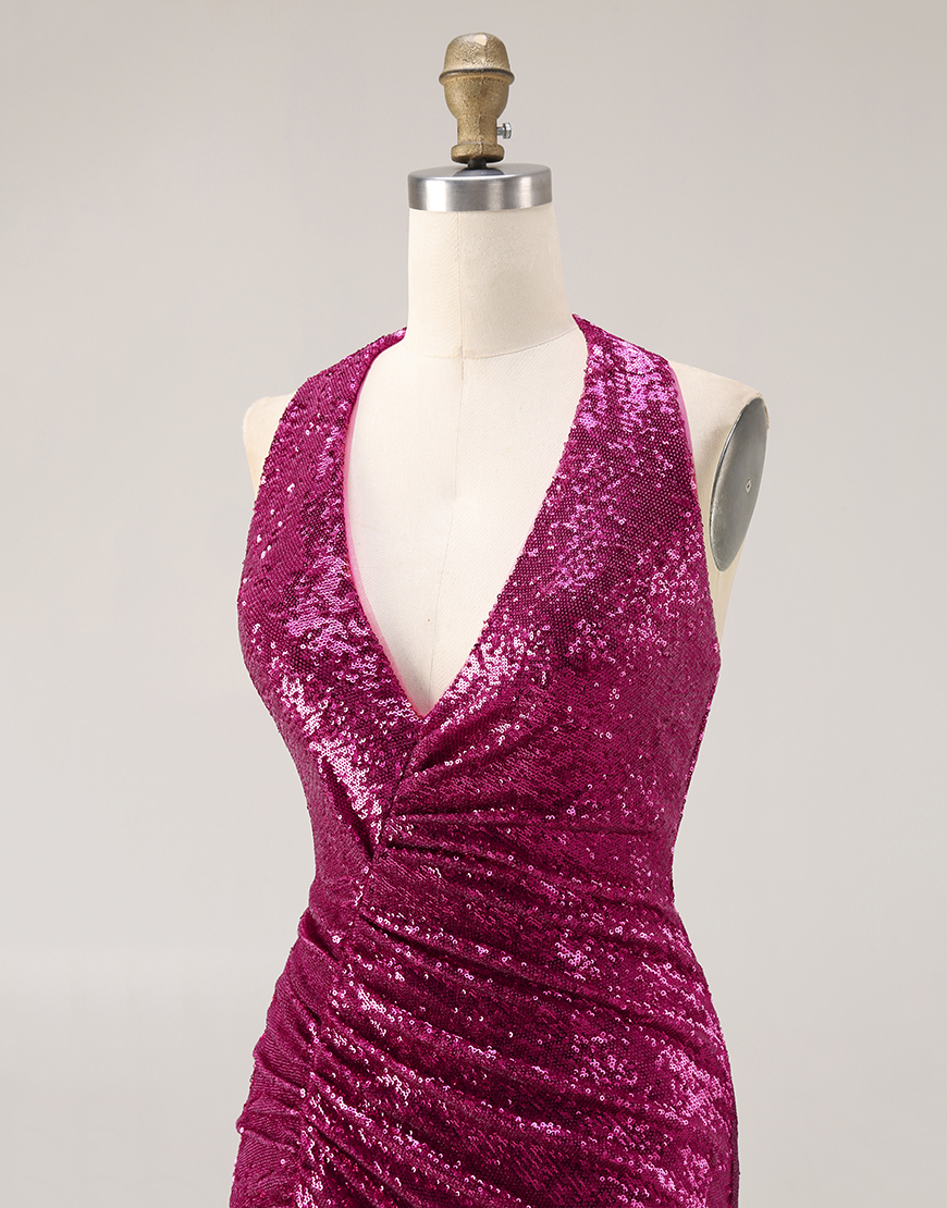 Sparkly Fuchsia Sequins Mermaid Halter Long Prom Dress with Cape