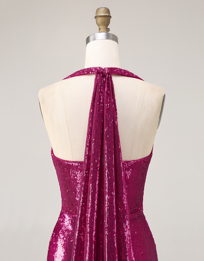 Sparkly Fuchsia Sequins Mermaid Halter Long Prom Dress with Cape