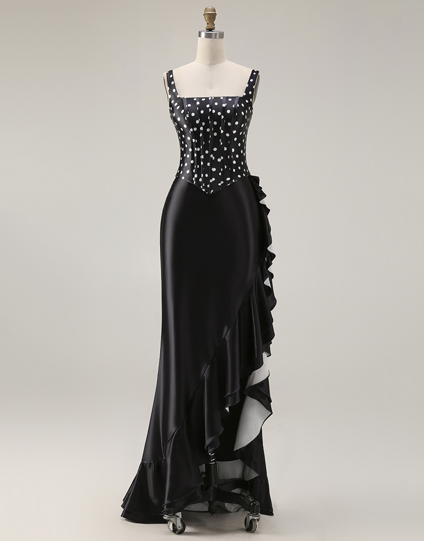 Black and White Polka Dots Mermaid Corset Asymmetrical Prom Dress with Ruffles