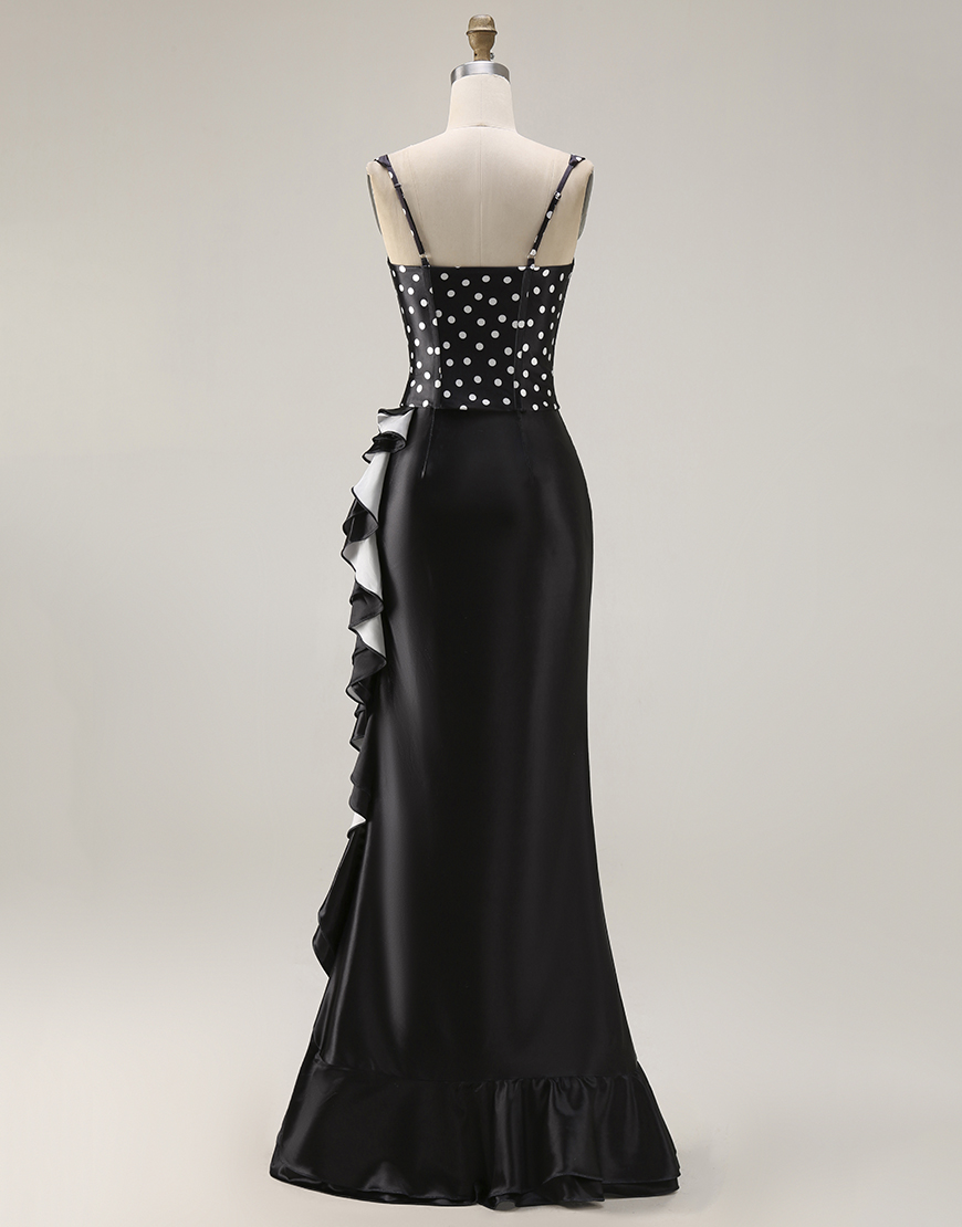 Black and White Polka Dots Mermaid Corset Asymmetrical Prom Dress with Ruffles