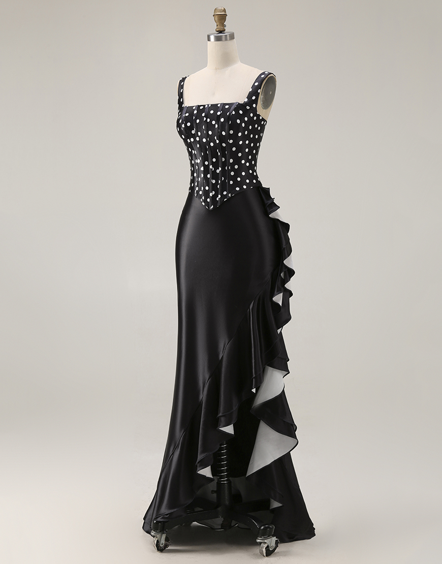 Black and White Polka Dots Mermaid Corset Asymmetrical Prom Dress with Ruffles