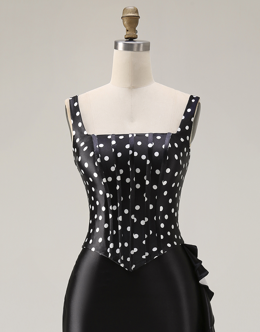 Black and White Polka Dots Mermaid Corset Asymmetrical Prom Dress with Ruffles