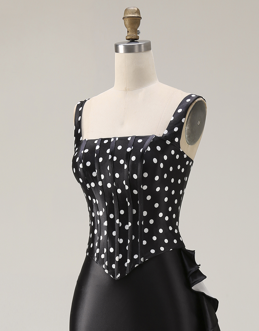 Black and White Polka Dots Mermaid Corset Asymmetrical Prom Dress with Ruffles