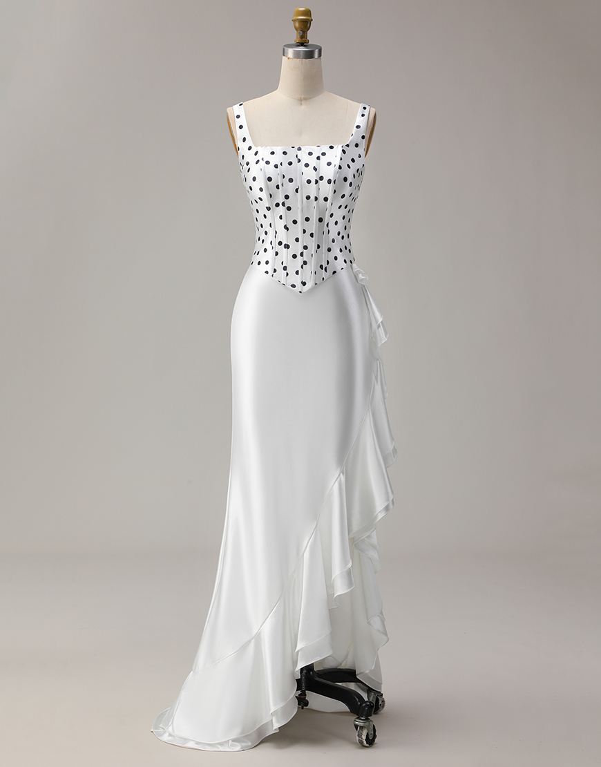 Black and White Polka Dots Mermaid Corset Asymmetrical Prom Dress with Ruffles