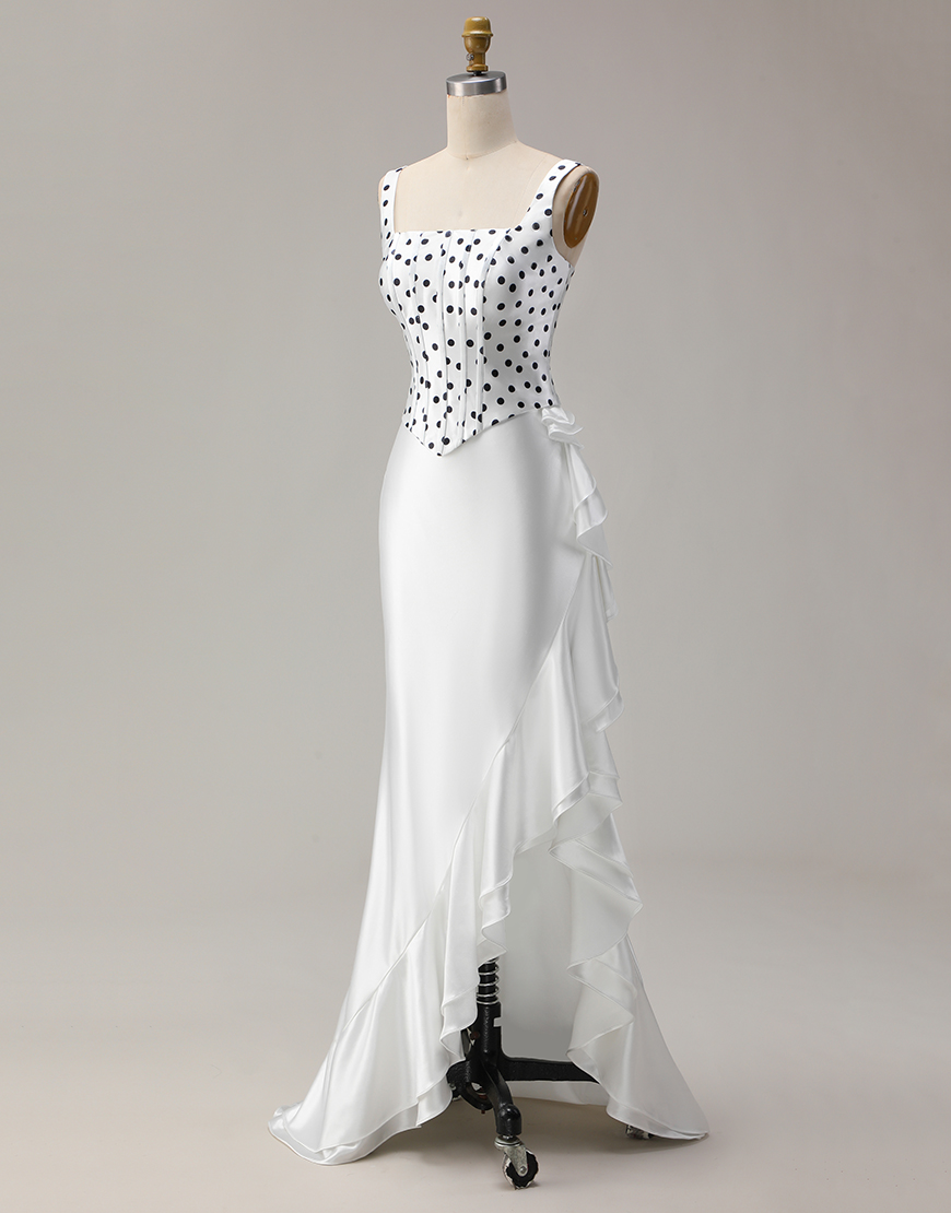 Black and White Polka Dots Mermaid Corset Asymmetrical Prom Dress with Ruffles