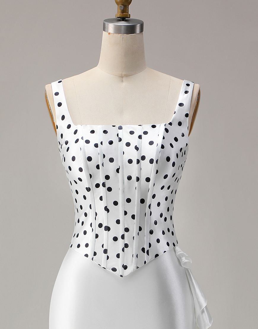 Black and White Polka Dots Mermaid Corset Asymmetrical Prom Dress with Ruffles