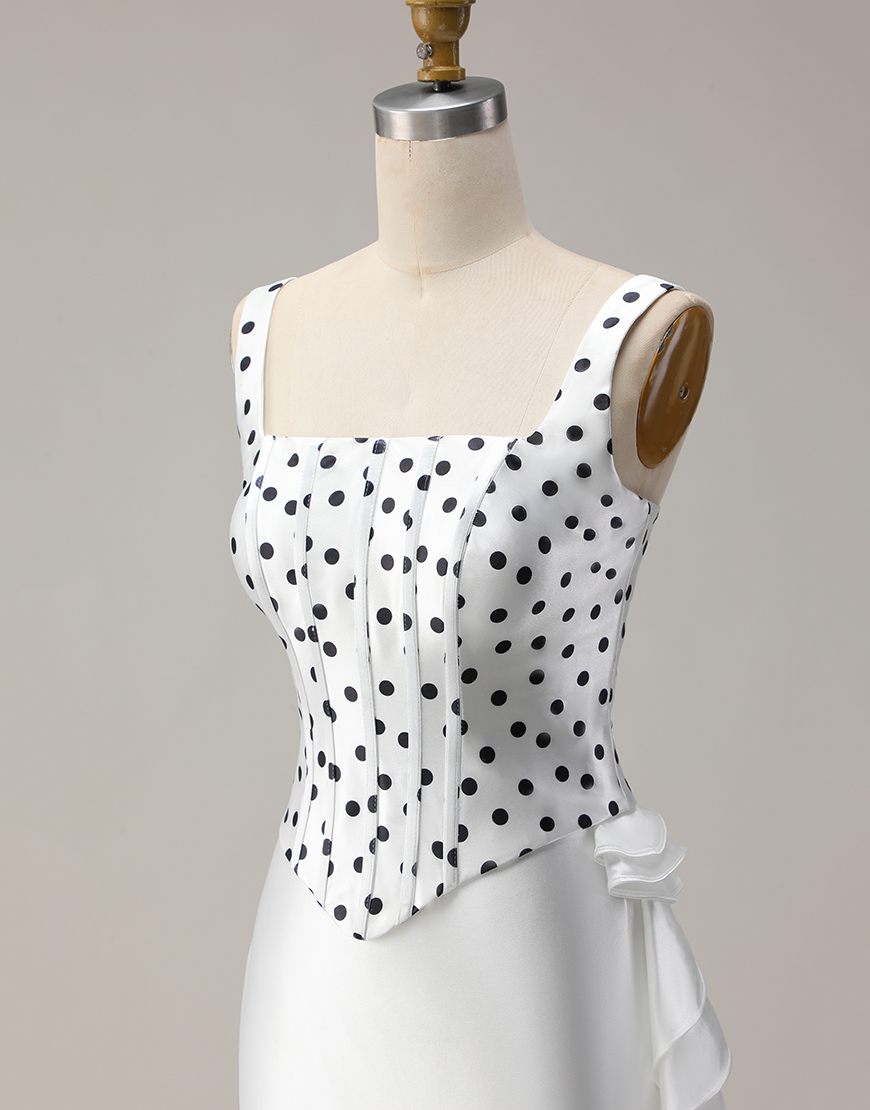 Black and White Polka Dots Mermaid Corset Asymmetrical Prom Dress with Ruffles
