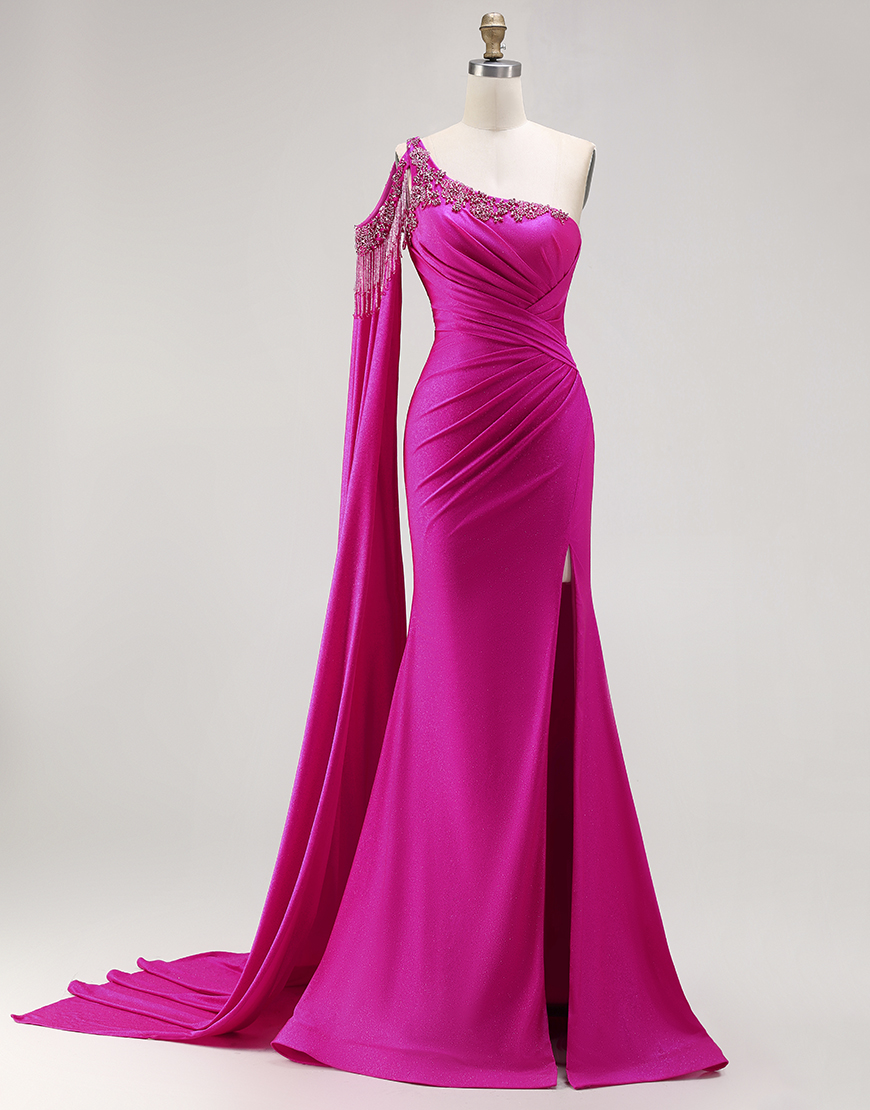 Sparkly Fuchsia Beaded Long Mermaid Prom Dress with Cape