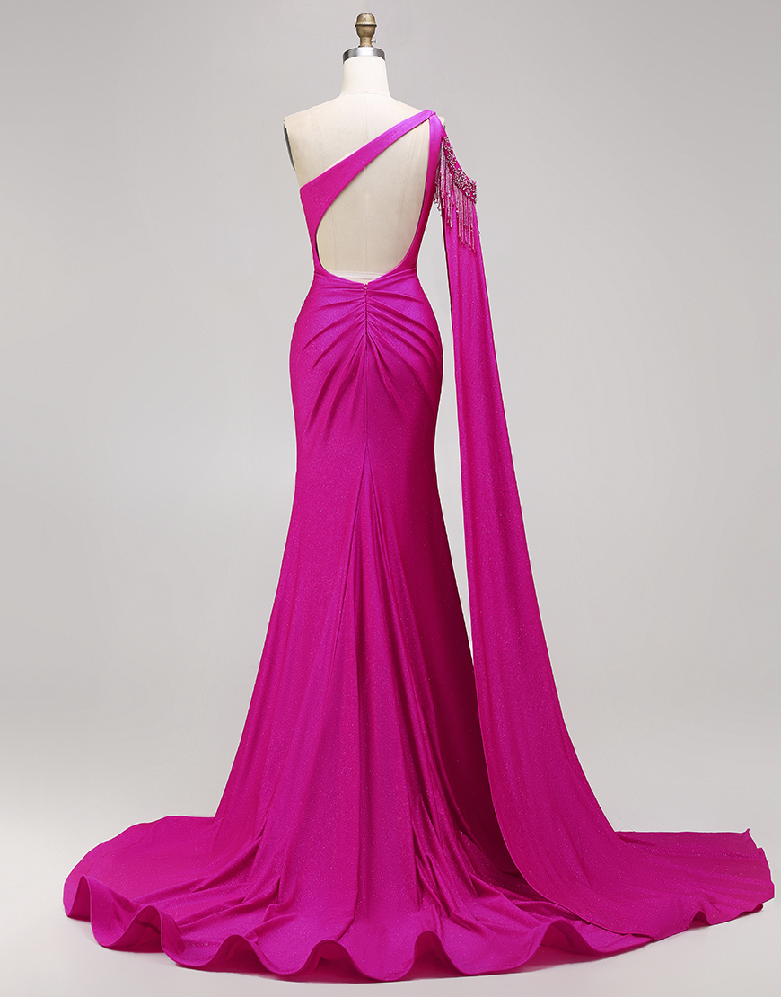 Sparkly Fuchsia Beaded Long Mermaid Prom Dress with Cape