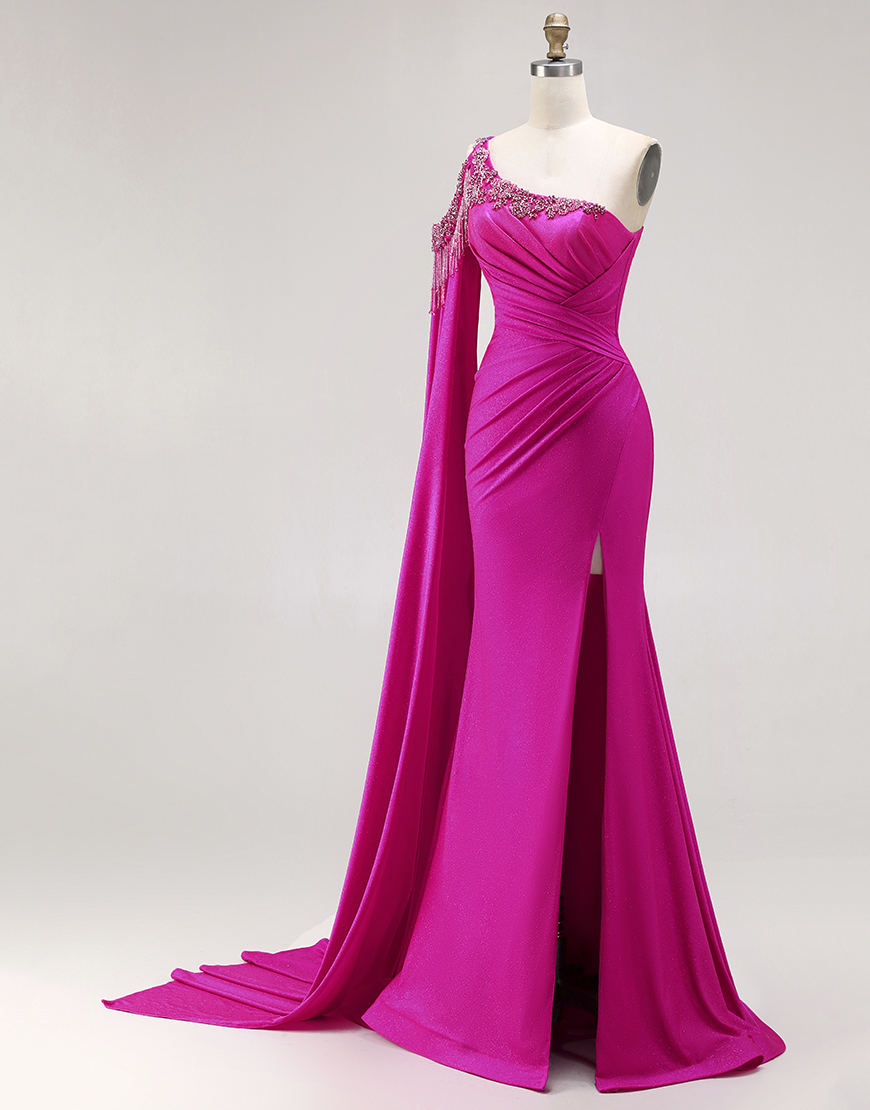 Sparkly Fuchsia Beaded Long Mermaid Prom Dress with Cape