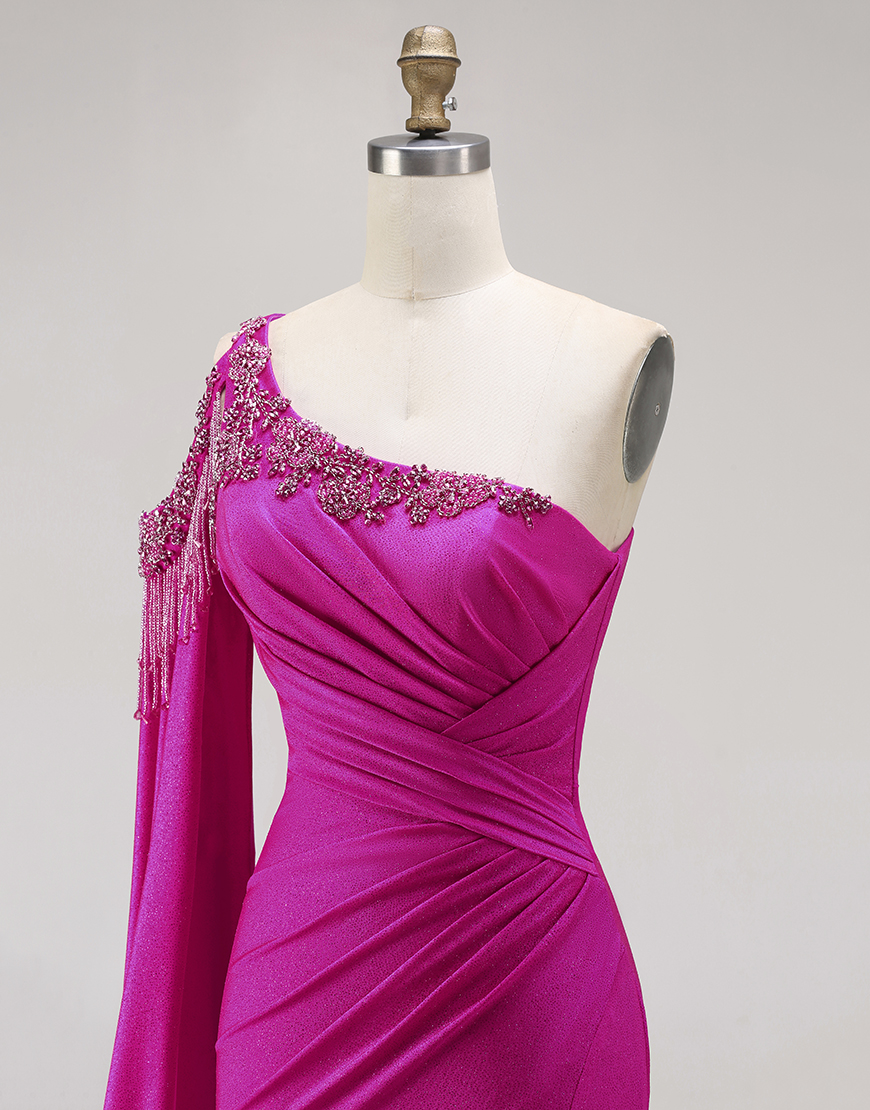 Sparkly Fuchsia Beaded Long Mermaid Prom Dress with Cape