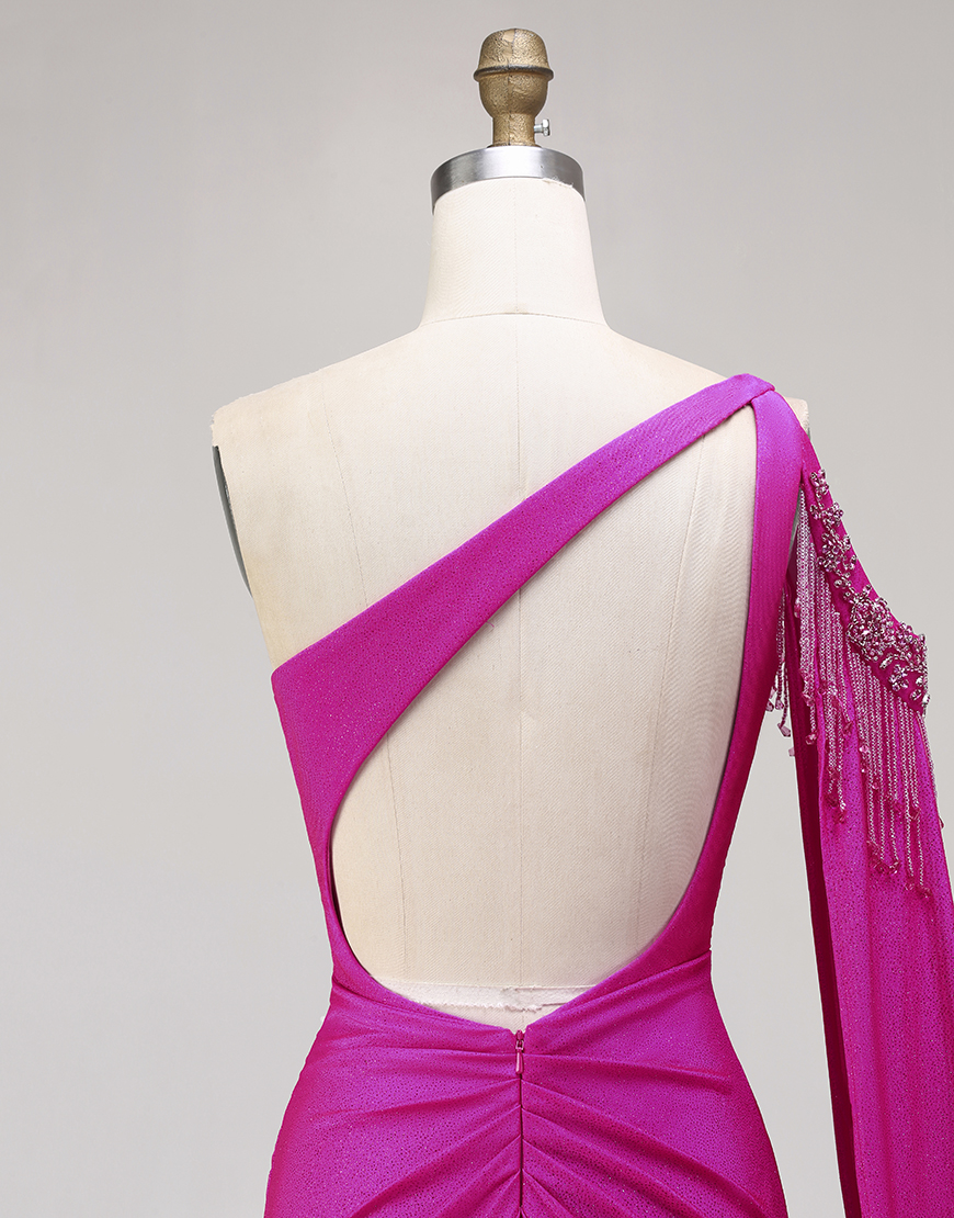 Sparkly Fuchsia Beaded Long Mermaid Prom Dress with Cape