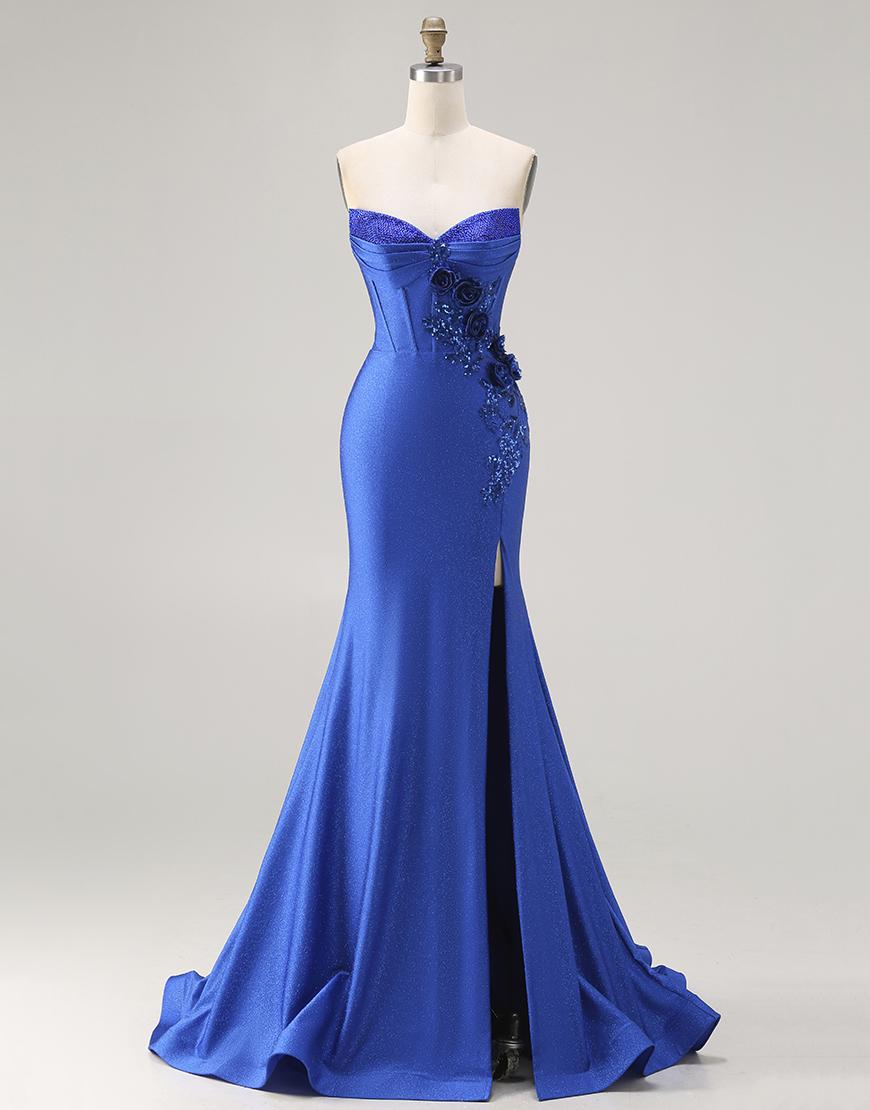 Sparkly Royal Blue Floral Mermaid Beaded Long Corset Prom Dress with Appliques