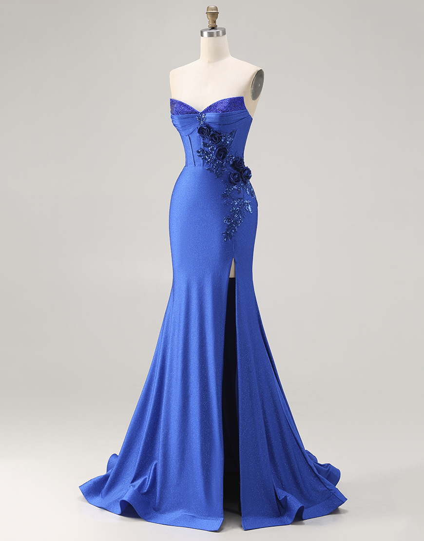 Sparkly Royal Blue Floral Mermaid Beaded Long Corset Prom Dress with Appliques