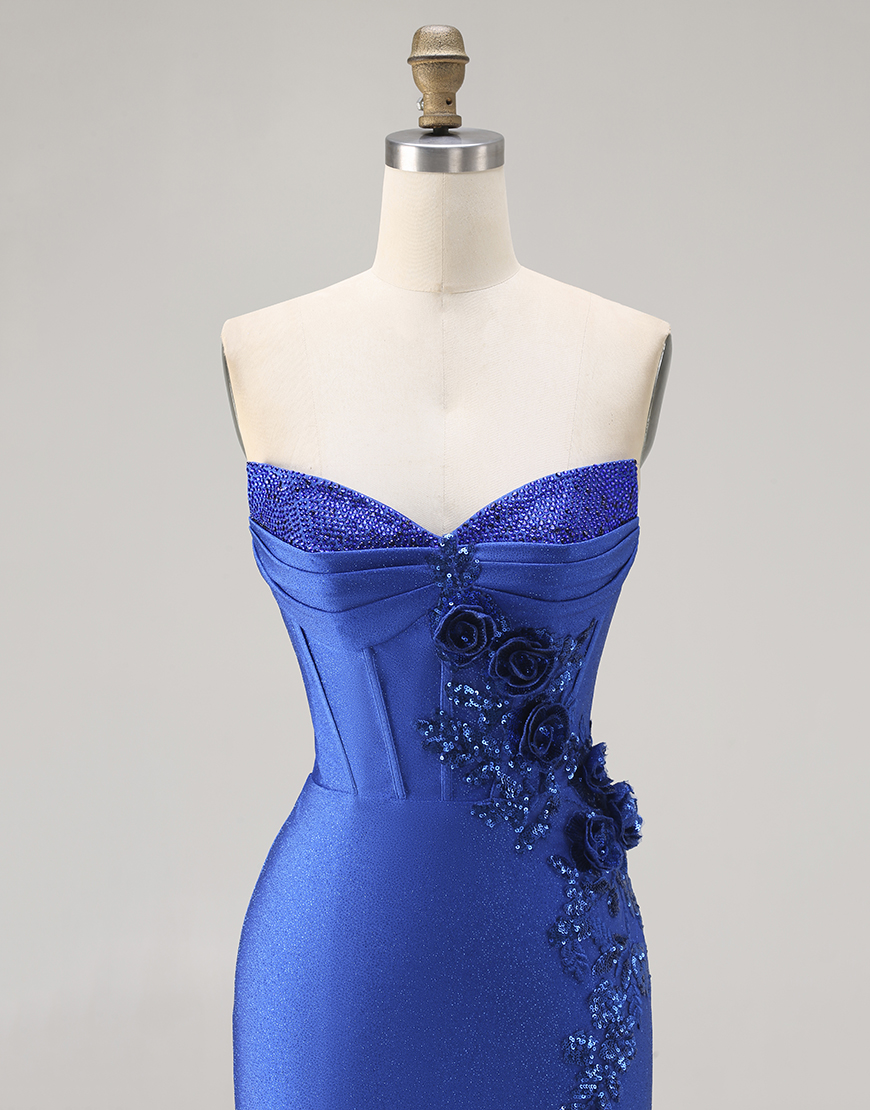 Sparkly Royal Blue Floral Mermaid Beaded Long Corset Prom Dress with Appliques