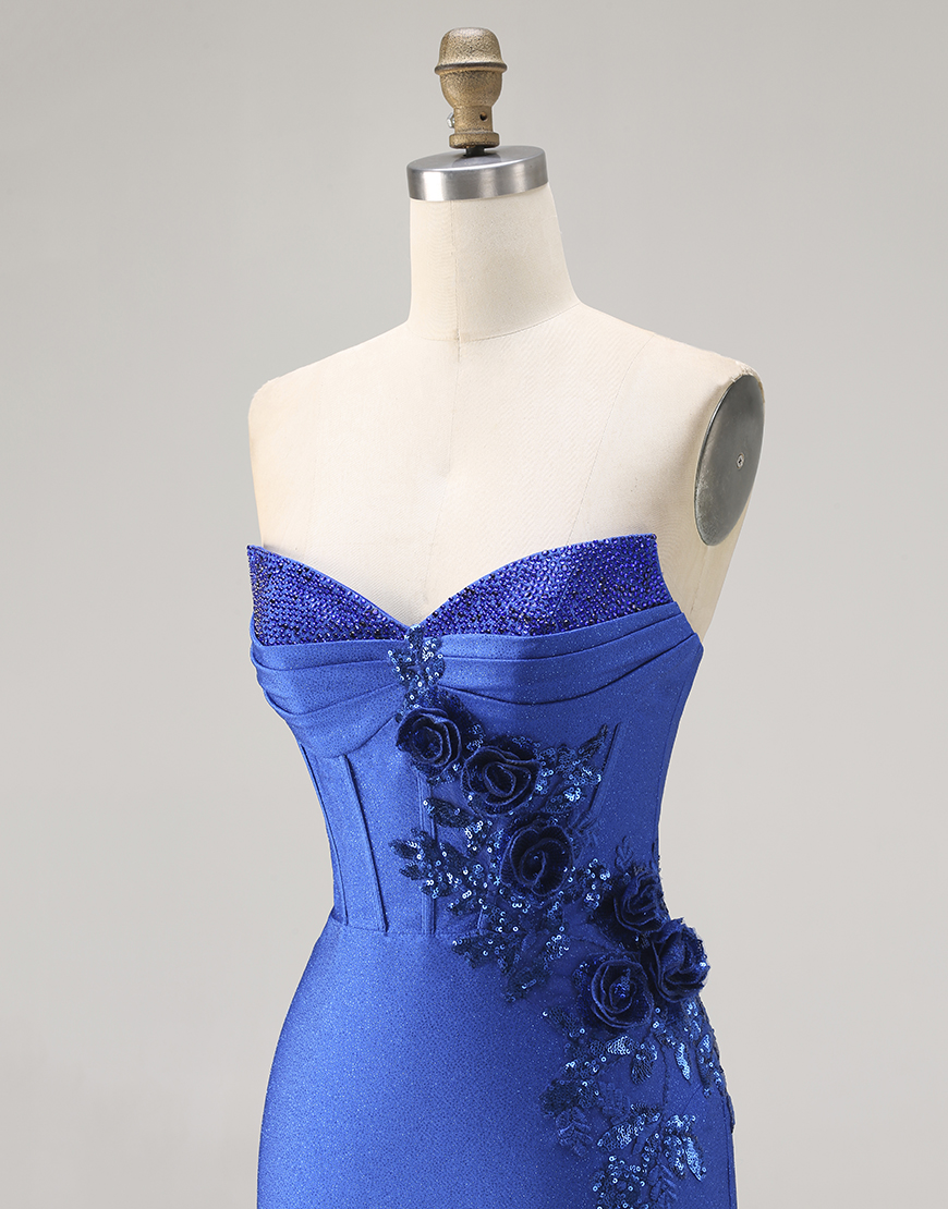 Sparkly Royal Blue Floral Mermaid Beaded Long Corset Prom Dress with Appliques