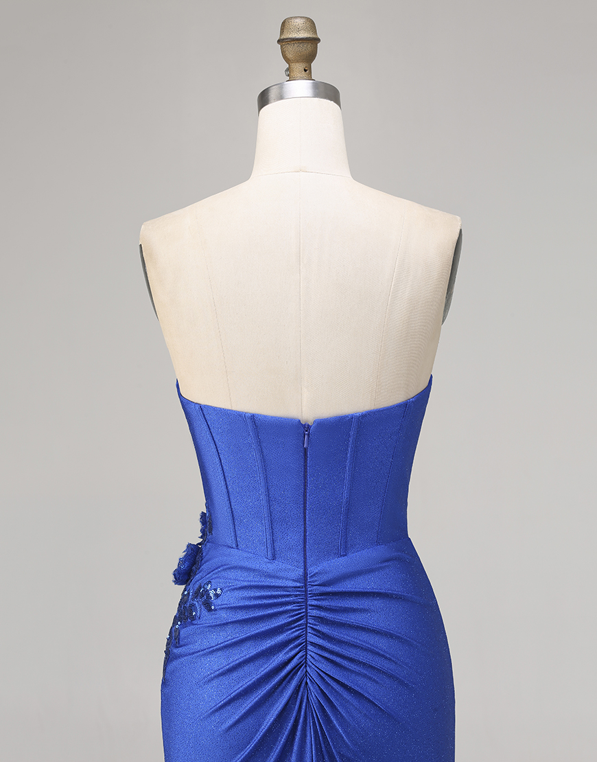 Sparkly Royal Blue Floral Mermaid Beaded Long Corset Prom Dress with Appliques