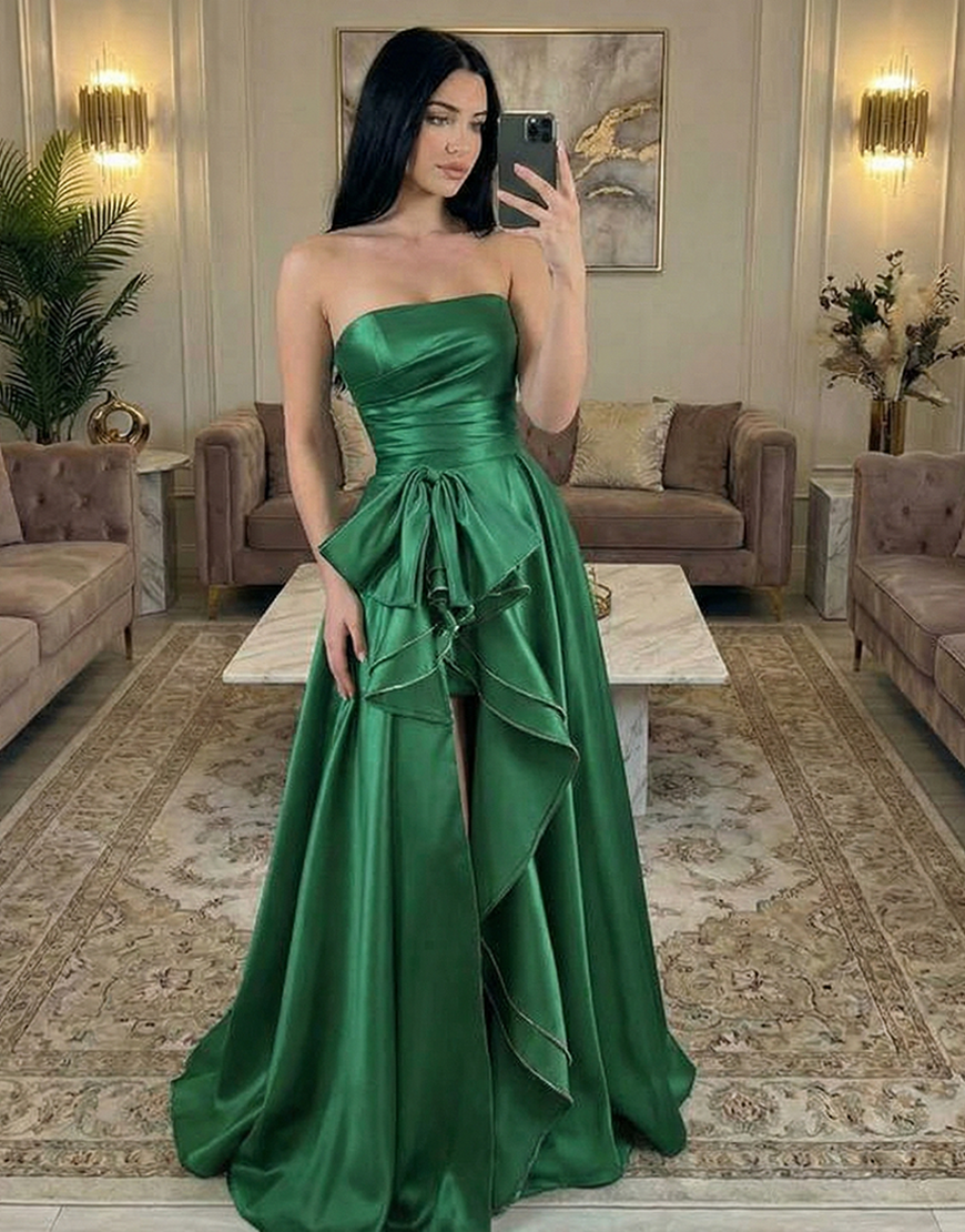 Dark Green Satin Strapless Ruffled Long Prom Dress with Slit