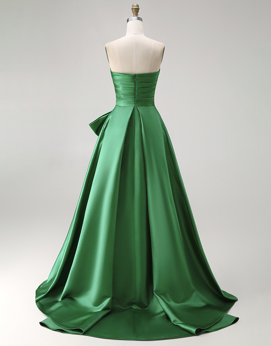 Dark Green Satin Strapless Ruffled Long Prom Dress with Slit