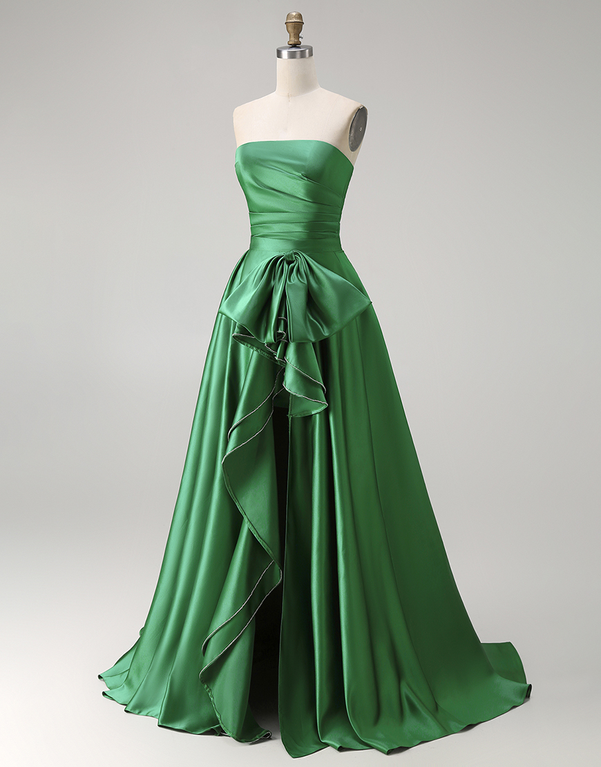 Dark Green Satin Strapless Ruffled Long Prom Dress with Slit