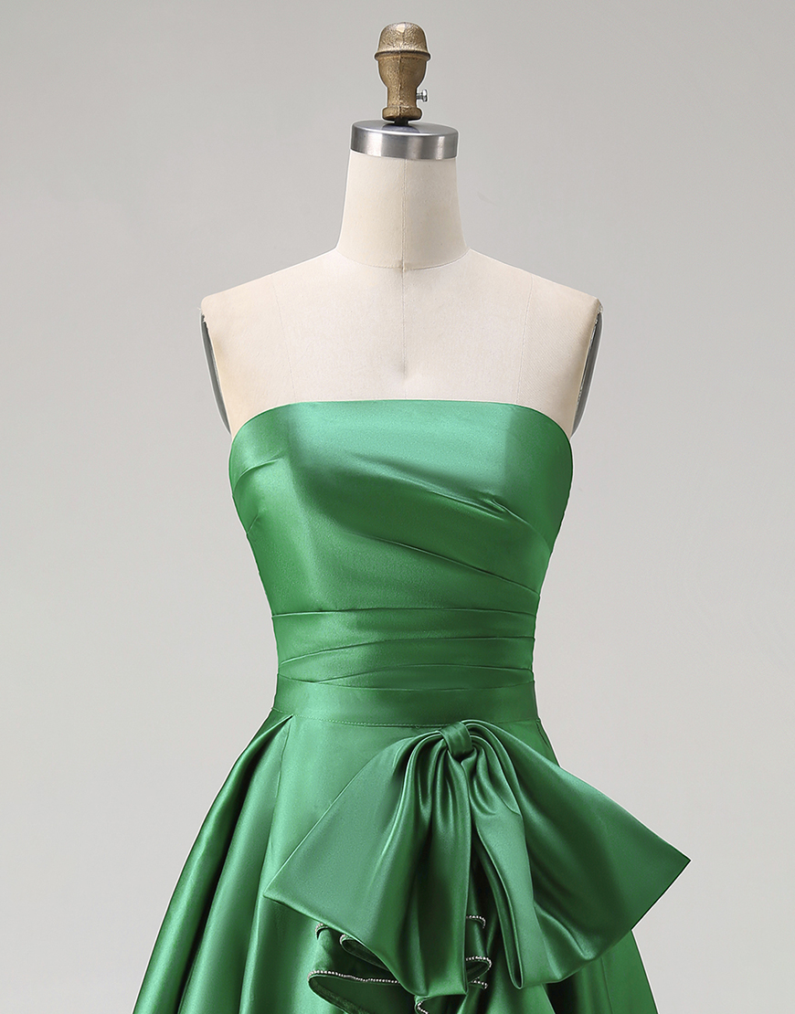 Dark Green Satin Strapless Ruffled Long Prom Dress with Slit